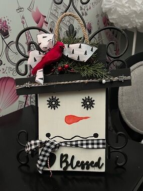 Snowman & Cardinal Wall Decor with Black Hat and Red Accents Handcrafted